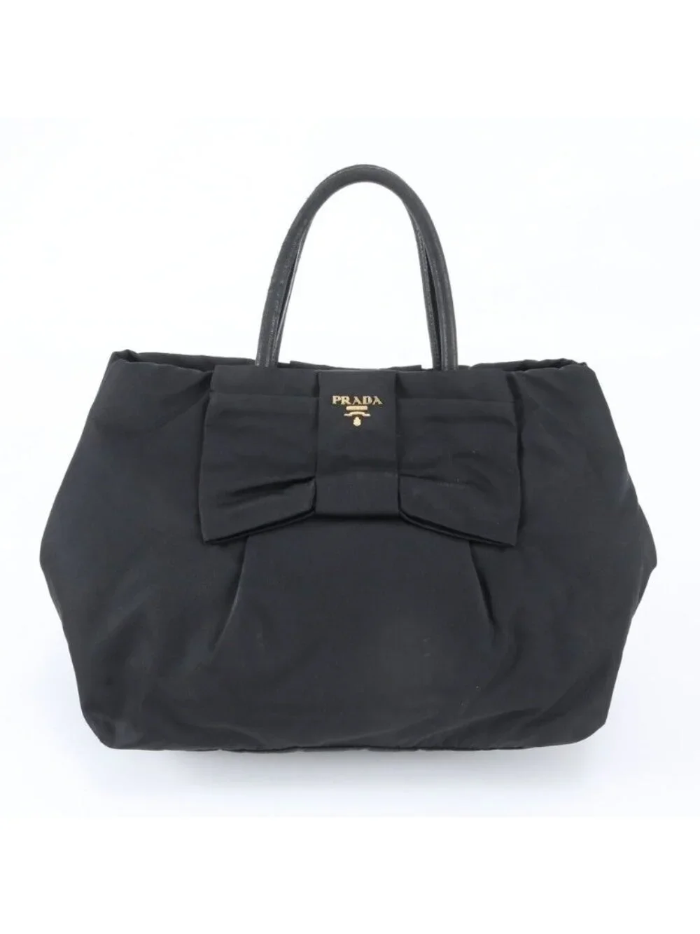 Prada Tessuto Nylon Ribbon Motif Leather Tote Shoulder Black